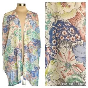 Umgee Cream Blue Green Floral Chiffon Kimono Tasseled M/L Boho Soft Girl Cottage